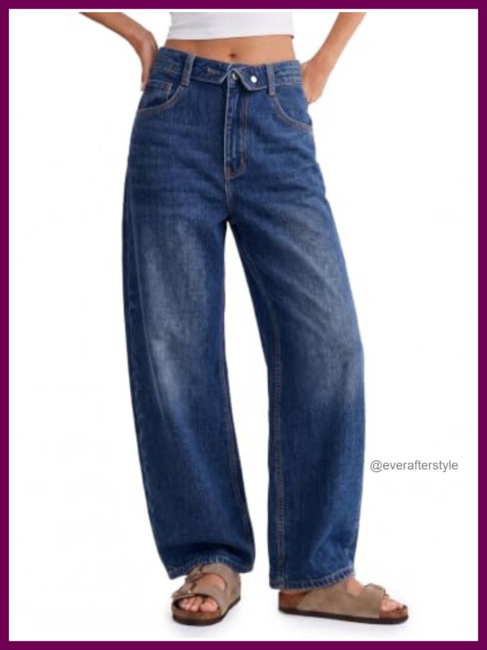 Women's High Rise Wide Leg Barrel Jeans Folded Waist Loose Fit Denim Pants